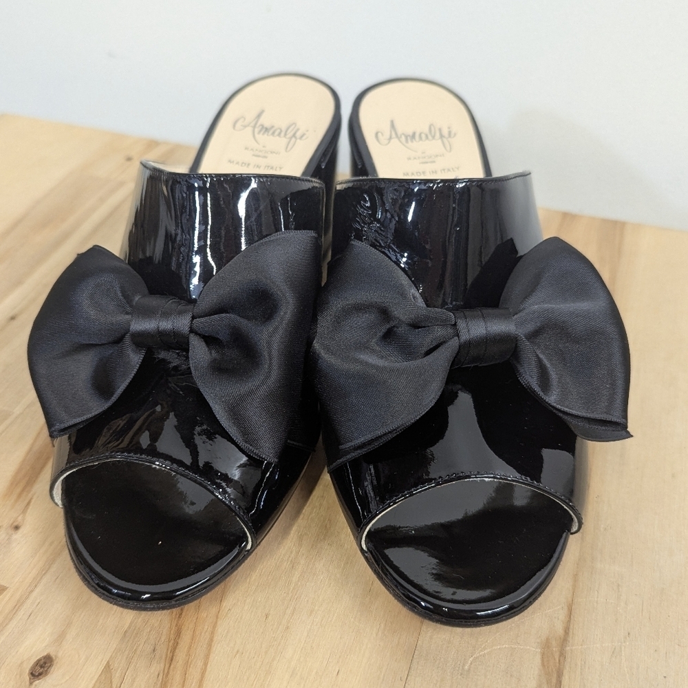 Vintage Amalfi Black Women's Bow Mules Peep Toe Coquette Block Heels 7 7.5